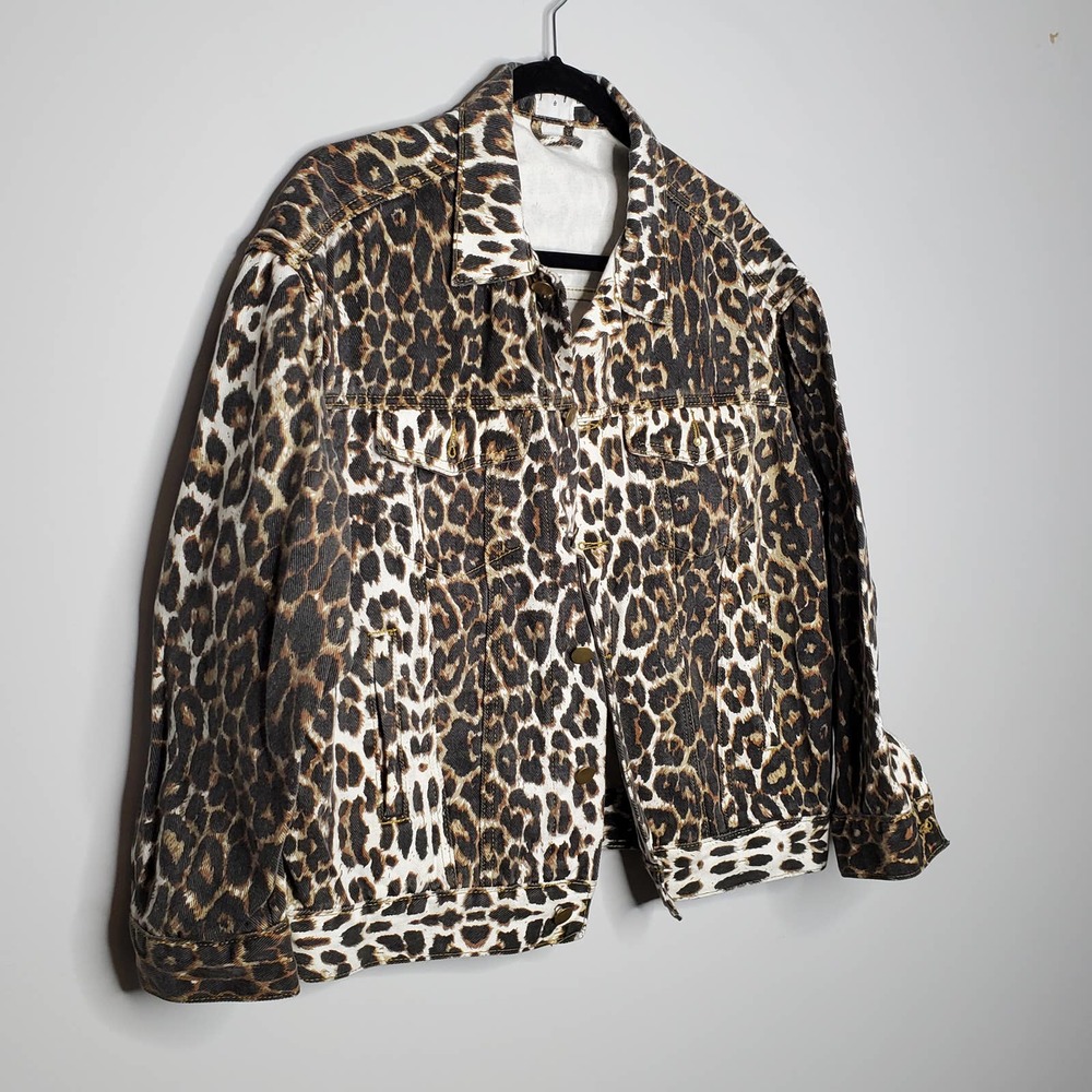 PRINCESS POLLY Brown Black Leopard Animal Print Denim Jacket Sz 6 - Picture 3 of 7